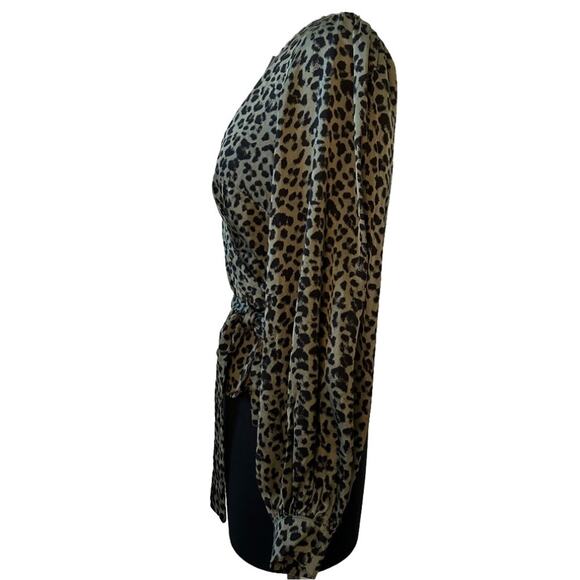 Good American Sage Leopard Wrap Top Balloon Long Sleeve Green Black Size 1 = S - Picture 13 of 15